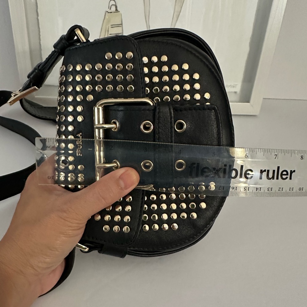 FURLA Studded Black Leather Mini Crossbody Bag Made In Italy Gold Tone Studs - Picture 17 of 17